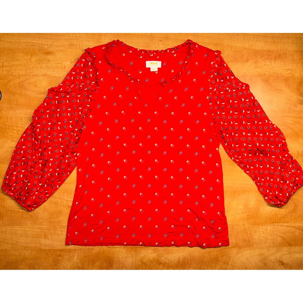 Maeve by Anthropologie Red Geometric Blouse Large Balloon Sleeve Ruffle Neck